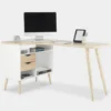 VonHaus L-Shaped Computer Desk Scandinavian Nordic Style - White And Light Oak Effect With Tapered Legs Corner Workstation - Modern, Contemporary Home Office Furniture