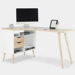 VonHaus L-Shaped Computer Desk Scandinavian Nordic Style - White And Light Oak Effect With Tapered Legs Corner Workstation - Modern, Contemporary Home Office Furniture