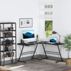 HOMCOM L Shape Desk Straight Corner Table Office Gaming Laminated Sturdy Black -Office Furniture Store 13803491 3