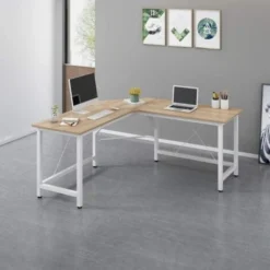 Cherry Tree Furniture Large L-Shaped Corner Desk Computer Workstation 150x150 X73 Cm (Wood & White Frame)