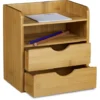 Relaxdays Desk Organiser, Size: 21 X 20 X 13 Cm Bamboo Storage System For Organizing Your Office Desk With 2 Shelves And 2 Removable Drawers Storage Box For Letter Filing For Work, Natural Brown