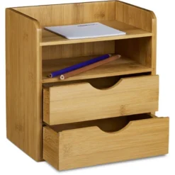 Relaxdays Desk Organiser, Size: 21 X 20 X 13 Cm Bamboo Storage System For Organizing Your Office Desk With 2 Shelves And 2 Removable Drawers Storage Box For Letter Filing For Work, Natural Brown