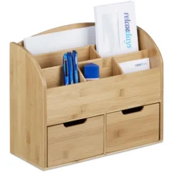 Relaxdays Bamboo Desk Organiser, Letter Holder, 6 Compartments, 2 Drawers, Natural Wood Grain, 25.5 X 33 X 13.5 Cm, Natural Brown
