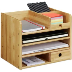 Relaxdays Desk Organiser, A4 Letter Tray, Keep Notes And Pens Neat And Tidy, Drawer, Office Storage, Bamboo