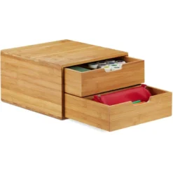 Relaxdays Bamboo Drawer Box, Desk Organiser, Natural Look, Office Stacking Aid, HWD 18 X 30 X 31 Cm, Natural