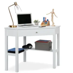 Relaxdays Corner Work Desk, Tier & Drawer, Compact, Home Office, Study, Country House Style, HxBxT: 76x107x72 Cm White