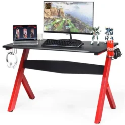 COSTWAY Gaming Computer Desk With Cup Holder, Headphone Hook And Mouse Pad, Ergonomic PC Racing Table Study Work Workstation For Home Office Bedroom (Red + Black, R-Shaped)