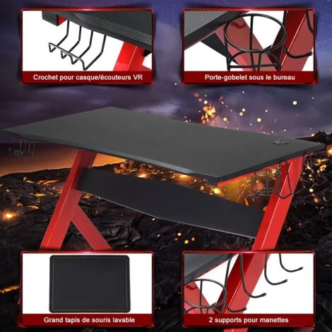 COSTWAY Gaming Computer Desk With Cup Holder, Headphone Hook And Mouse Pad, Ergonomic PC Racing Table Study Work Workstation For Home Office Bedroom (Red + Black, R-Shaped) 3 COSTWAY Gaming Computer Desk With Cup Holder, Headphone Hook And Mouse Pad, Ergonomic PC Racing Table Study Work Workstation For Home Office Bedroom (Red + Black, R-Shaped) - Image 3