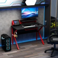 HOMCOM Gaming Desk Computer Table W/ Cup Holder Headphone Hook, Basket Red -Office Furniture Store 20290448 3