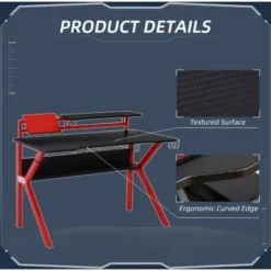 HOMCOM Gaming Desk Computer Table W/ Cup Holder Headphone Hook, Basket Red -Office Furniture Store 20290448 4