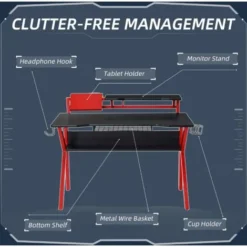 HOMCOM Gaming Desk Computer Table W/ Cup Holder Headphone Hook, Basket Red -Office Furniture Store 20290448 5