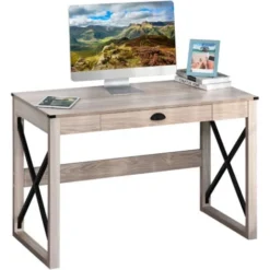HOMCOM Retro Inspired Work Desk Station Home Office Drawer Tabletop Natural