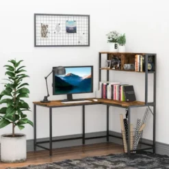 HOMCOM Industrial L-Shaped Work Desk & Storage Shelf Steel Frame Adjustable Feet -Office Furniture Store 20487971 3