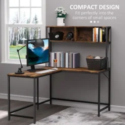 HOMCOM Industrial L-Shaped Work Desk & Storage Shelf Steel Frame Adjustable Feet -Office Furniture Store 20487971 4