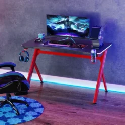 HOMCOM Gaming Desk Computer Table W/ LED Light, Cup Holder Headphone Hook Red -Office Furniture Store 20488001 3