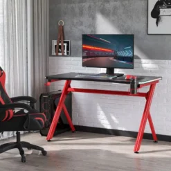 HOMCOM Gaming Desk Computer Table W/ LED Light, Cup Holder Headphone Hook Red -Office Furniture Store 20488001 4