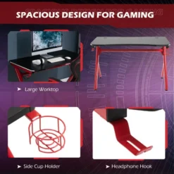 HOMCOM Gaming Desk Computer Table W/ LED Light, Cup Holder Headphone Hook Red -Office Furniture Store 20488001 5