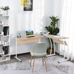 HOMCOM L Shaped Corner Desk Home Office Study Steel Frame Adjustable Feet Wood Natural Colour -Office Furniture Store 20488035 3