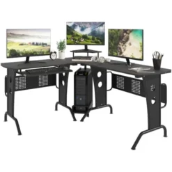 HOMCOM Space-Saving Corner Work Office Desk Gaming W/ Steel Frame CPU Black