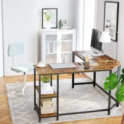 VASAGLE Computer Desk, L-Shaped Writing Workstation, Corner Study Desk With Shelves For Home Office, Space-Saving, Easy To Assemble, Industrial, Rustic Brown And Black By SONGMICS LWD72X -Office Furniture Store 23812097 3