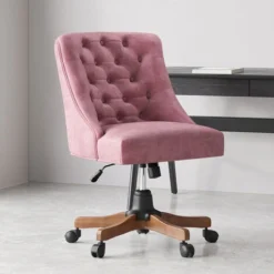 Livingandhome Velvet Office Chair Wide Buttoned Back 5 Claw Wood Legs,Pink