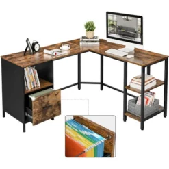 Songmics VASAGLE Corner Desk, L-Shaped Computer Desk, Office Desk With Cupboard And Hanging File Cabinet, 2 Shelves, Home Office, Space-Saving, Easy Assembly, Industrial Design, Rustic Brown And Black By SONGM -Office Furniture Store 24962658 3