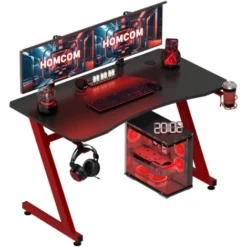 HOMCOM Gaming Desk Steel Frame Cup Headphone Holder Adjustable Red