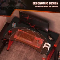 HOMCOM Gaming Desk Steel Frame Cup Headphone Holder Adjustable Red -Office Furniture Store 25654419 4