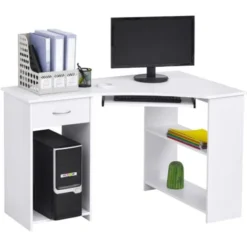 HOMCOM L-Shaped Corner Computer Desk W/ 2 Shelves Worktop Keyboard Tray White
