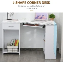 HOMCOM L-Shaped Corner Computer Desk W/ 2 Shelves Worktop Keyboard Tray White -Office Furniture Store 26626035 4