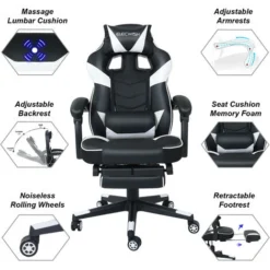 Puluomis Massage Gaming Chair, PU Leather Executive Office Chair, Recliner Swivel Chairs, With Footrest And Lumbar Support, White -Office Furniture Store 27062973 4