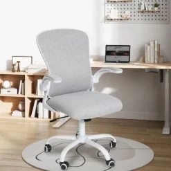 Puluomis Office Chair, Ergonomic Desk Chair, Swivel Computer Chair, With Lumbar Support, Flip Up Armrests, 30° Rocking Function, Height Adjustable, Light Grey