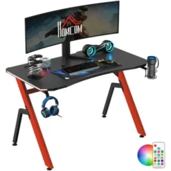 HOMCOM Ergonomic Gaming Desk With Hook Cup Holder LED & Cable Management Red