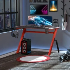 HOMCOM Ergonomic Gaming Desk With Hook Cup Holder LED & Cable Management Red -Office Furniture Store 27278900 3