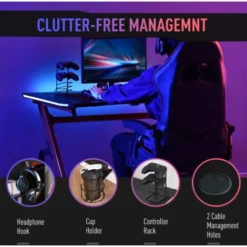 HOMCOM Ergonomic Gaming Desk With Hook Cup Holder LED & Cable Management Red -Office Furniture Store 27278900 5