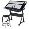 Yaheetech Height Adjustable Glass Drafting Table & Stool Set,Black