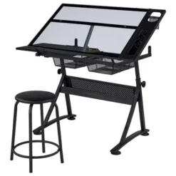 Yaheetech Height Adjustable Glass Drafting Table & Stool Set,Black