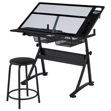 Yaheetech Height Adjustable Glass Drafting Table & Stool Set,Black 1 Yaheetech Height Adjustable Glass Drafting Table & Stool Set,Black