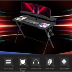 HOMCOM Gaming Computer Desk Writing Table W/ Headphone Hook Curved Front -Office Furniture Store 27646963 4