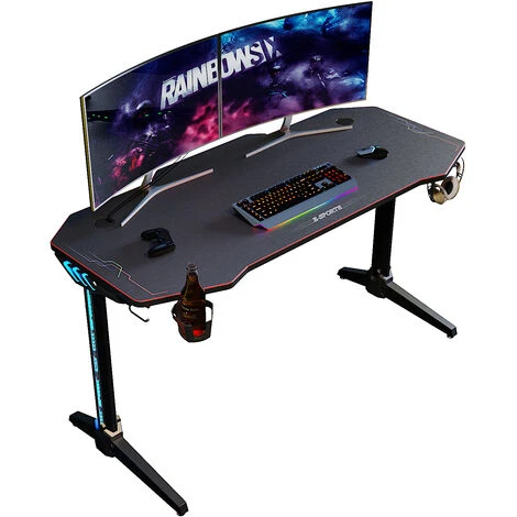 ELEGANT Gaming Desk Office PC Computer Gaming Desk Gamer Tables With LED Stand Cup Holder Headphone Hook Free Mousepad, Black 1400x600mm 1 ELEGANT Gaming Desk Office PC Computer Gaming Desk Gamer Tables With LED Stand Cup Holder Headphone Hook Free Mousepad, Black 1400x600mm