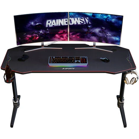 ELEGANT Gaming Desk Office PC Computer Gaming Desk Gamer Tables With LED Stand Cup Holder Headphone Hook Free Mousepad, Black 1400x600mm 2 ELEGANT Gaming Desk Office PC Computer Gaming Desk Gamer Tables With LED Stand Cup Holder Headphone Hook Free Mousepad, Black 1400x600mm - Image 2