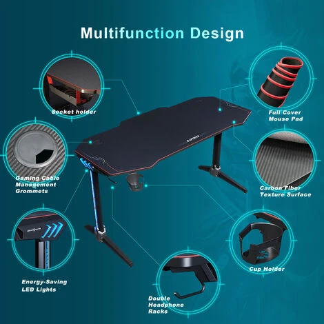 ELEGANT Gaming Desk Office PC Computer Gaming Desk Gamer Tables With LED Stand Cup Holder Headphone Hook Free Mousepad, Black 1400x600mm 4 ELEGANT Gaming Desk Office PC Computer Gaming Desk Gamer Tables With LED Stand Cup Holder Headphone Hook Free Mousepad, Black 1400x600mm - Image 4
