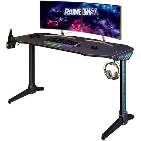 ELEGANT Gaming Desk With LED Lights Computer Table Workstations For Home And Office With Headphone Hooks And Cup Holder 1400x600mm Black 1 ELEGANT Gaming Desk With LED Lights Computer Table Workstations For Home And Office With Headphone Hooks And Cup Holder 1400x600mm Black