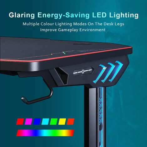 ELEGANT Gaming Desk With LED Lights Computer Table Workstations For Home And Office With Headphone Hooks And Cup Holder 1400x600mm Black 5 ELEGANT Gaming Desk With LED Lights Computer Table Workstations For Home And Office With Headphone Hooks And Cup Holder 1400x600mm Black - Image 5