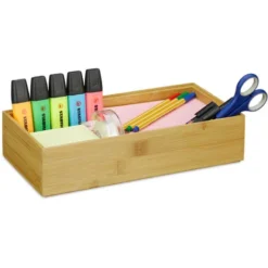 Relaxdays Bamboo Storage Box, Stackable, Natural Look, Kitchen Organiser Bins, Bathroom, HxWxD: 7 X 30 X 15 Cm, Natural