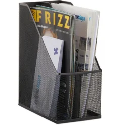 Relaxdays Standing File Holder, 2 Compartments, Metal Mesh, Sturdy Rack, A4-C4, Document Organiser, Black