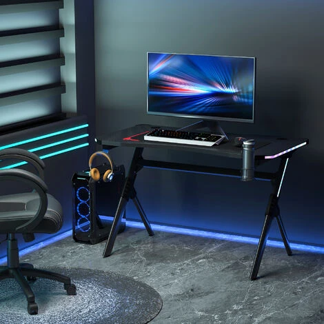 HOMCOM LED Game Office Desk Computer With Cup Holder 2 Cable Management Black 3 HOMCOM LED Game Office Desk Computer With Cup Holder 2 Cable Management Black - Image 3