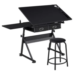 Yaheetech Drawing Table/Stool Set With Adjustable Table Angles & Heights, Black