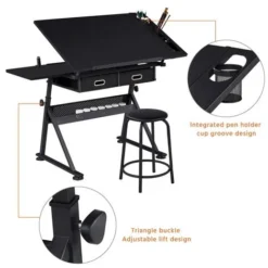 Yaheetech Drawing Table/Stool Set With Adjustable Table Angles & Heights, Black -Office Furniture Store 36012500 4