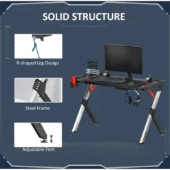 HOMCOM LED Light Gaming Desk Computer Steel Frame Cup Holder Headphone Hook -Office Furniture Store 38504333 5